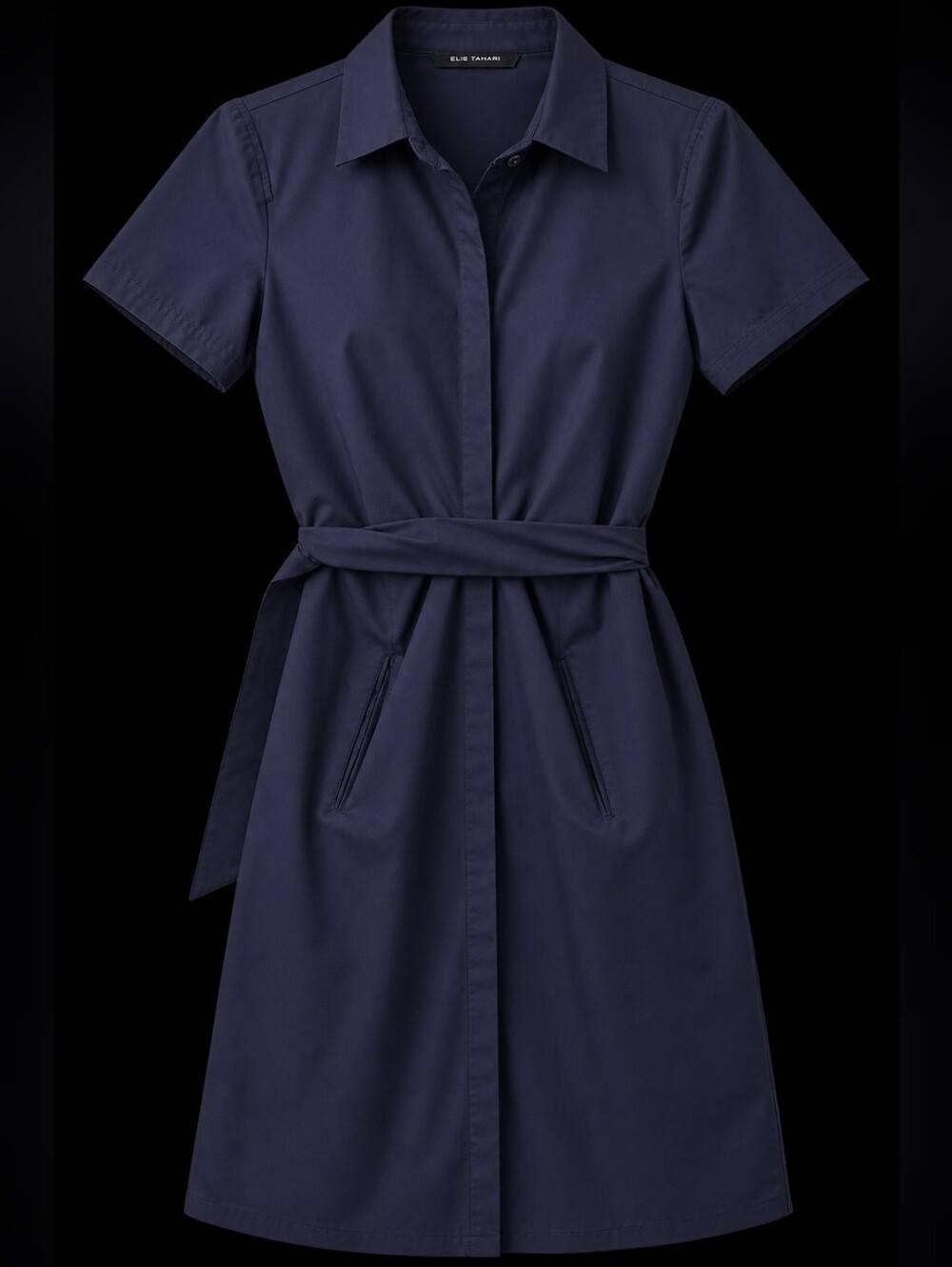Elie Tahari Dark Navy Short-Sleeve Shirt Dress with Tie Waist